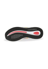 Suola in gomma nera con accenti bianchi e dettagli rossi, caratterizzata da scanalature e ritagli per aderenza e flessibilità. Motivi gialli e arancioni.