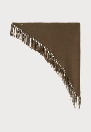 Brown triangular shawl made of woven fabric, featuring long fringes along one edge and a label stitched near the top corner.