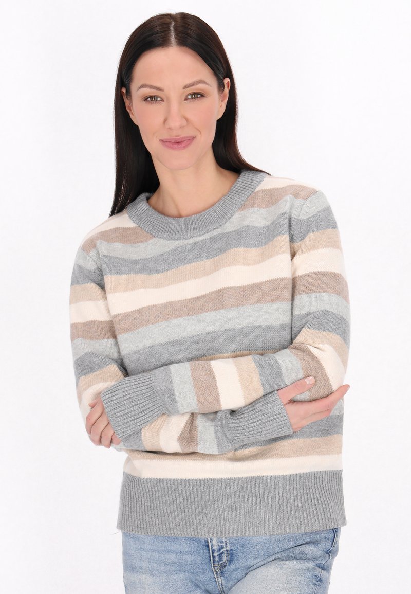Gestreifter Pullover in Grau, Beige und Creme; gerippter Halsausschnitt und Bündchen; weiche Textur; entspannte Passform mit langen Ärmeln und geradem Saum.
