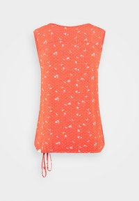 Rød ærmeløs top i tekstureret stof med hvide blomsterdesigns og polka prikke. Justerbar snøring i kanten for tilpasning.