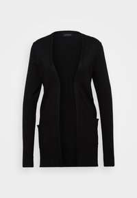 Zwarte gebreide cardigan met een open voorkant, lange mouwen en twee voorzakken. Bevat ribbelboorden en een ribbelzoom voor extra textuur.