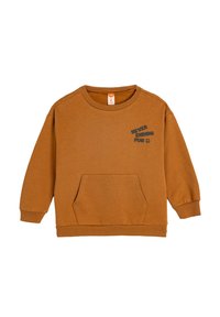 Sweatshirt marron avec un col rond, des manches longues et une poche avant. Présente le texte "AMUSEMENT SANS FIN" imprimé en gris foncé.