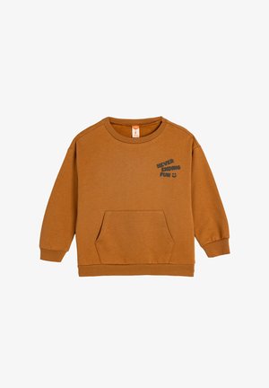 Bruine sweatshirt met een ronde hals, lange mouwen en een voorkantzak. Bevat de tekst "NOOIT EINDIGENDE PLEZIER" in donkergijs gedrukt.