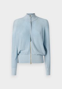 Ανοιχτό μπλε ζακέτα με φερμουάρ και ψηλό λαιμό, με ριγωτές μανσέτες και μέση. Διαθέτει χρυσό φερμουάρ και μαλακή, υφασμένη υφή.