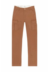 Braune Cargo-Hosen mit geradem Bein, mehreren Seitentaschen und einem klassischen Bund mit Knopfverschluss.