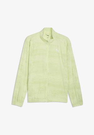 Chaqueta verde claro con cremallera, hecha de tela lisa. Cuenta con un cuello alto, mangas largas y un patrón sutil y texturizado. Detalle de logo en blanco.