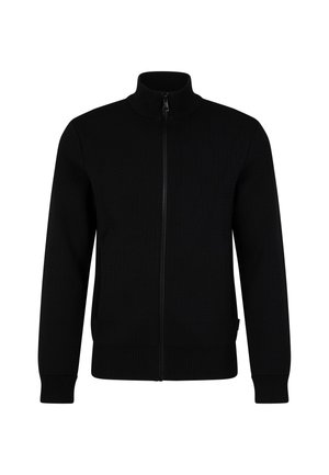 Schwarze Zip-Up-Jacke mit hohem Kragen, strukturiertem Stoff, gerippten Bündchen und Saum. Verfügt über einen Frontreißverschluss und Seitentaschen.