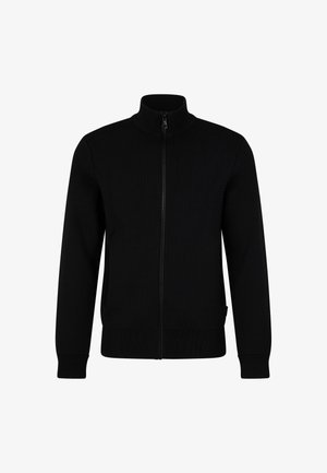 Schwarze Zip-Up-Jacke mit hohem Kragen, strukturiertem Stoff, gerippten Bündchen und Saum. Verfügt über einen Frontreißverschluss und Seitentaschen.