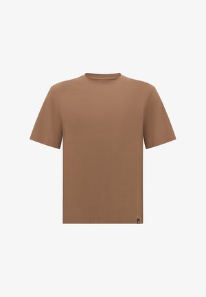 Braunes Kurzarm-T-Shirt aus weichem Baumwollstoff. Verfügt über einen Rundhalsausschnitt, eine normale Passform und ein kleines Logolabel am Saum. Glatte Textur.