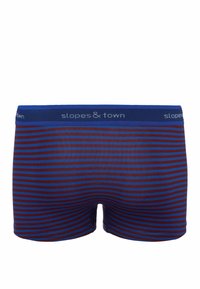 Szorty bokserskie z cienkimi poziomymi paskami w ciemnoczerwonym i niebieskim kolorze. Pas jest niebieski z logo "slopes & town". Miękki, elastyczny materiał.