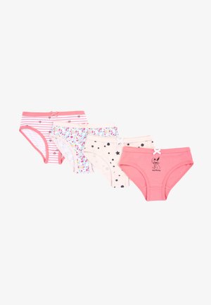 Quatre paires de sous-vêtements en coton, en rose, à rayures avec des cœurs, à imprimé floral, à pois, et une paire rose avec un graphisme de lapin.