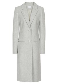 Šedý vlněný kabát smíšeného vlákna s vykrojeným límcem, jednoprsťový přední díl, dvě knoflíky a boční kapsy; hladká textura s přiléhavým střihem.