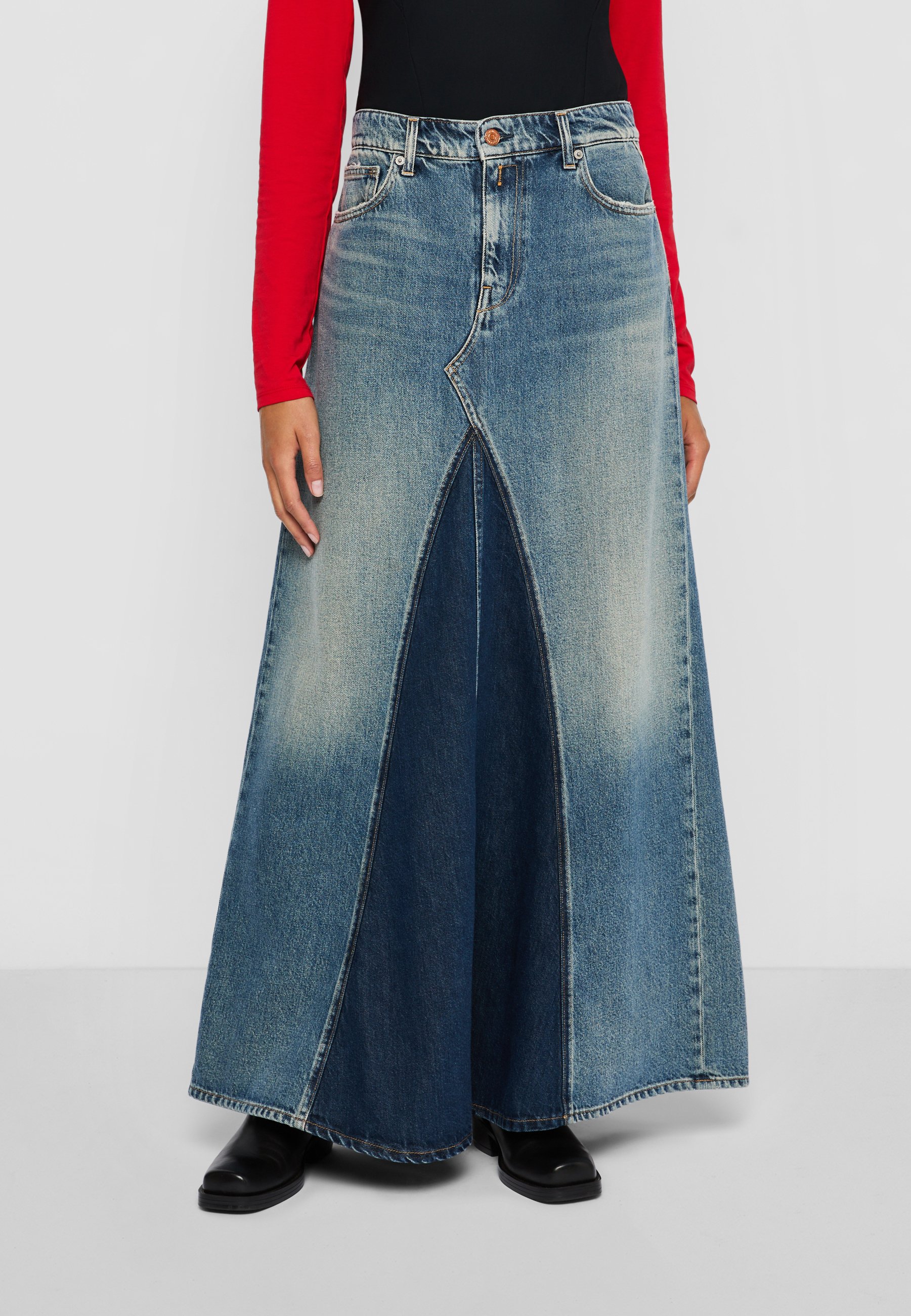 Replay PATCHWORK WASHED DENIM SKIRT - Maxi skirt - medium blue