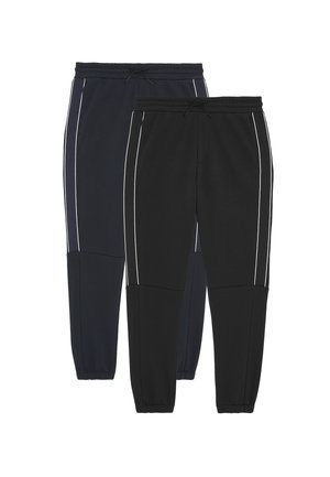 Pantaloni jogger da uomo in nero e blu navy, realizzati in tessuto morbido. Presentano strisce laterali bianche a contrasto e polsini elastici con cordoncino in vita.
