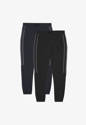 Herre joggebukser i sort og marineblå, lavet af blødt stof. Har kontrasterende hvide sidelister og elastiske ribkanter med snor i taljen.
