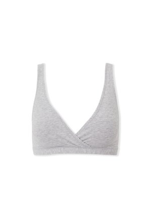 Lysegrå blød trådløs bh i stof med brede stropper og V-hals med krydsende forstykke.