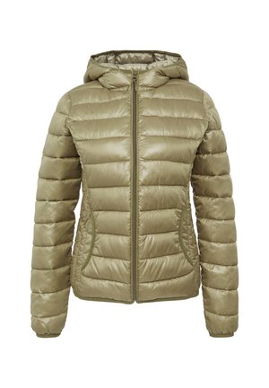 Padded Jacke in Olivgrün, mit Reißverschluss vorne, Kapuze und Seitentaschen; besitzt eine glatte, glänzende Textur und einen gesteppte Design.