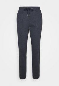 Pantalons à motifs sombres avec une taille à cordon, arborant un design à carreaux subtil. Le tissu semble lisse avec une coupe ajustée.