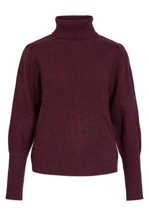 Burgundowa sweter z golfem wykonany z prążkowanej dzianiny, z długimi rękawami i luźnym krojem z dopasowanymi mankietami oraz wysokim kołnierzem.