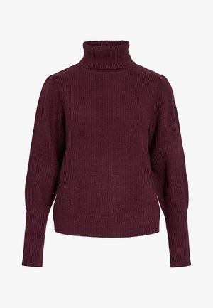 Burgundi värvi kõrge kaelusega turtleneck kampsun, mis on valmistatud ribatud kudumiskangast. Kampsunil on pikad varrukad ja mugav lõige, millel on kinnised mansetid.
