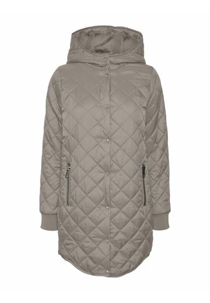 Chaqueta acolchada con capucha en beige claro, con un diseño largo, bolsillos laterales con cremallera y puños acanalados para mayor calidez.