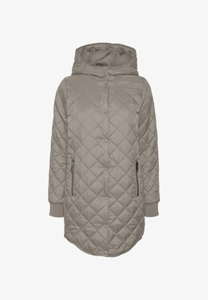 Pikowana, kapturowa kurtka w jasnym beżu, charakteryzująca się długim fasonem, zapinanymi na zamek bocznymi kieszeniami oraz ściągaczami przy mankietach dla dodatkowego ciepła.
