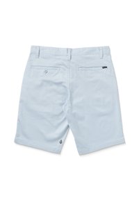 Light blue shorts made of cotton blend, featuring two back pockets, a logo tag, and clean design with straight cut and hem.