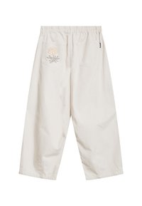 Beige wide-leg pants with elastic waistband, two back pockets; one features an embroidered flower design in orange and black.