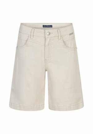 Beige shorts van een katoenmengsel met subtiele verticale strepen, knoop- en ritssluiting, riemlussen en voorzakken.