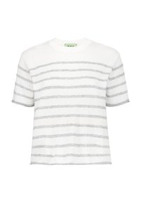Biała, krótkozchiegowa koszulka z dzianiny w szare poziome paski. Posiada okrągły dekolt i luźny krój. Miękka tekstura, swobodny design.