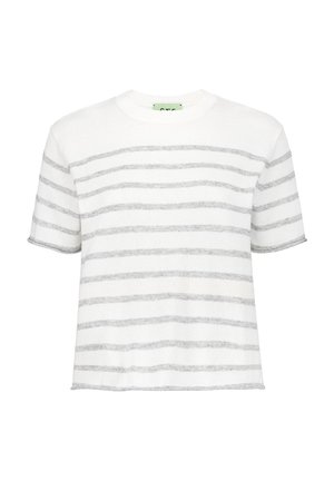 T-shirt bianco a maniche corte in maglia con righe orizzontali grigie. Presenta un collo rotondo e una vestibilità morbida. Texture morbida, design casual.