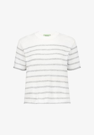 Kurzärmliges, weißes Strick-T-Shirt mit grauen horizontalen Streifen. Mit einem runden Ausschnitt und einer lockeren Passform. Weicher Stoff, lässiges Design.