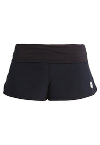 Marineblå idrettsshorts med bred svart midjebånd, med sidelommer og en liten logo nederst til høyre. Glatt stoff.