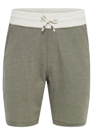 Szorty w kolorze heather green z elastycznym pasem, wyposażone w kremowy sznurek. Wykonane z miękkiego materiału, o prostym fasonie i bez widocznych wzorów.