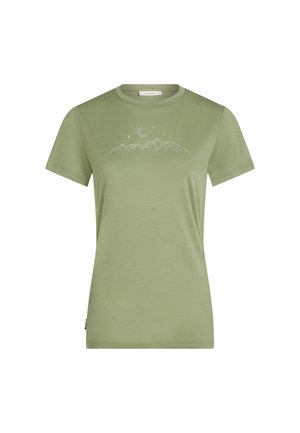 Hellgrünes Kurzarm-T-Shirt mit einem weißen, minimalistischen Design von Berggipfeln, einer Mondsichel und Sternen auf der Brust.