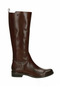 Bota de cuero marrón hasta la rodilla con un patrón texturizado en el costado y un acabado suave. Presenta un tacón bajo y una lengüeta en la parte superior.