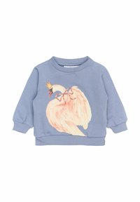 Helle blaue Baumwoll-Sweatshirt mit einer großen Illustrations von einem Schwan mit einer Krone und rosa Flügeln, gerippten Bündchen und einem Rundhalsausschnitt.