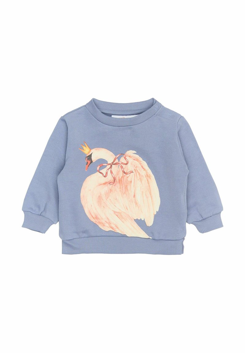Helle blaue Baumwoll-Sweatshirt mit einer großen Illustrations von einem Schwan mit einer Krone und rosa Flügeln, gerippten Bündchen und einem Rundhalsausschnitt.