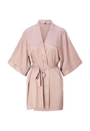 Lichtroze satijnen kimono-jas met brede mouwen, een strikband en een gladde textuur. Heeft een eenvoudig ontwerp en een klassieke snit.