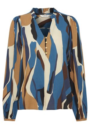 Mehrfarbiges Bluse mit einer Mischung aus blauen, braunen und cremefarbenen abstrakten Mustern. Sie hat lange Ärmel, einen hohen Kragen und Knopf-Akzente.