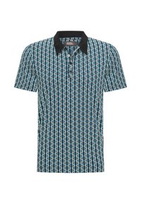 Pánská polokošile s krátkým rukávem s geometrickým vzorem v modré, krémové a černé barvě. Má černý límeček a tříknoflíkovou légu.