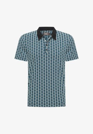 Polo shirt met korte mouwen, voorzien van een geometrisch patroon in blauw, crème en zwart. Het heeft een zwarte kraag en een knoopsluiting met drie knopen.