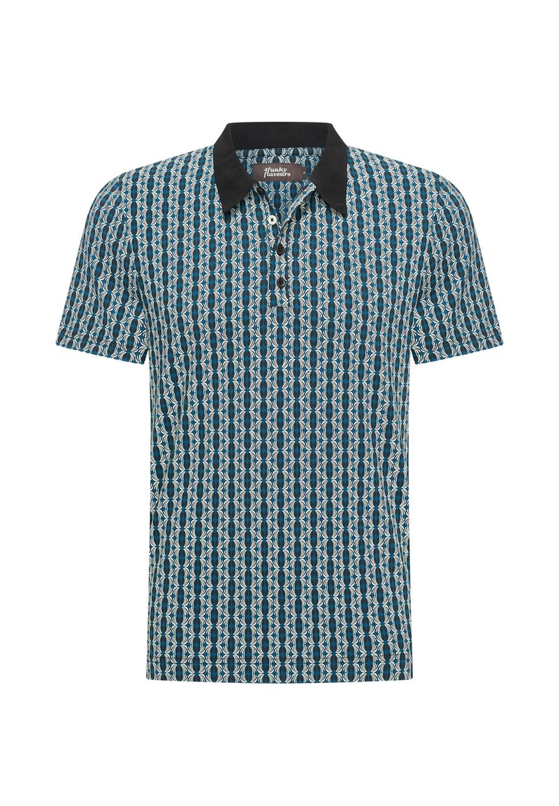 Pánská polokošile s krátkým rukávem s geometrickým vzorem v modré, krémové a černé barvě. Má černý límeček a tříknoflíkovou légu.