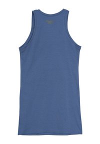 Niebieski, bezrękawnik z małym, ciemnym motylem umieszczonym w centrum w pobliżu górnej linii dekoltu na plecach.