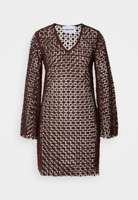 Brown crocheted dress with a V-neck, long sleeves, and a loose fit. Features a patterned design, allowing light to pass through.