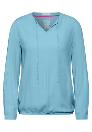 Himmelblauer Pullover mit langen Ärmeln, V-Ausschnitt, Kordelzugkapuze und strukturiertem Stoff. Verfügt über einen kontrastierenden inneren Kragen. Lässiges Design.