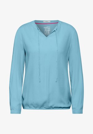 Himmelblauer Pullover mit langen Ärmeln, V-Ausschnitt, Kordelzugkapuze und strukturiertem Stoff. Verfügt über einen kontrastierenden inneren Kragen. Lässiges Design.