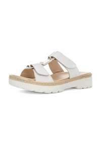 White sandals with two wide straps, a metallic accent, and textured sole, featuring a woven jute detail along the bottom edge.