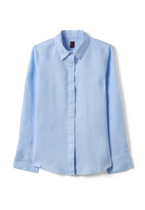 Chemise bleu clair à manches longues avec col classique et patte de boutonnage cachée, étalée à plat sur un fond blanc.