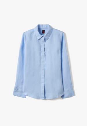 Chemise bleu clair à manches longues avec col classique et patte de boutonnage cachée, étalée à plat sur un fond blanc.